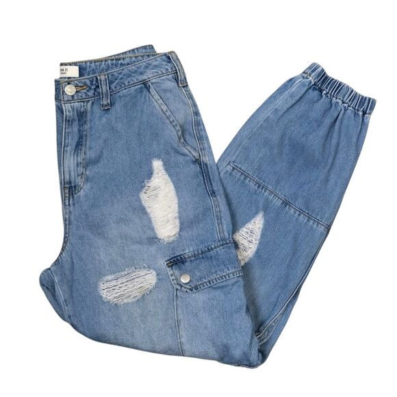 Forever 21 Distressed Cargo Jeans Women’s 27 Medium Wash High Rise Jogger Pants - Picture 2 of 16